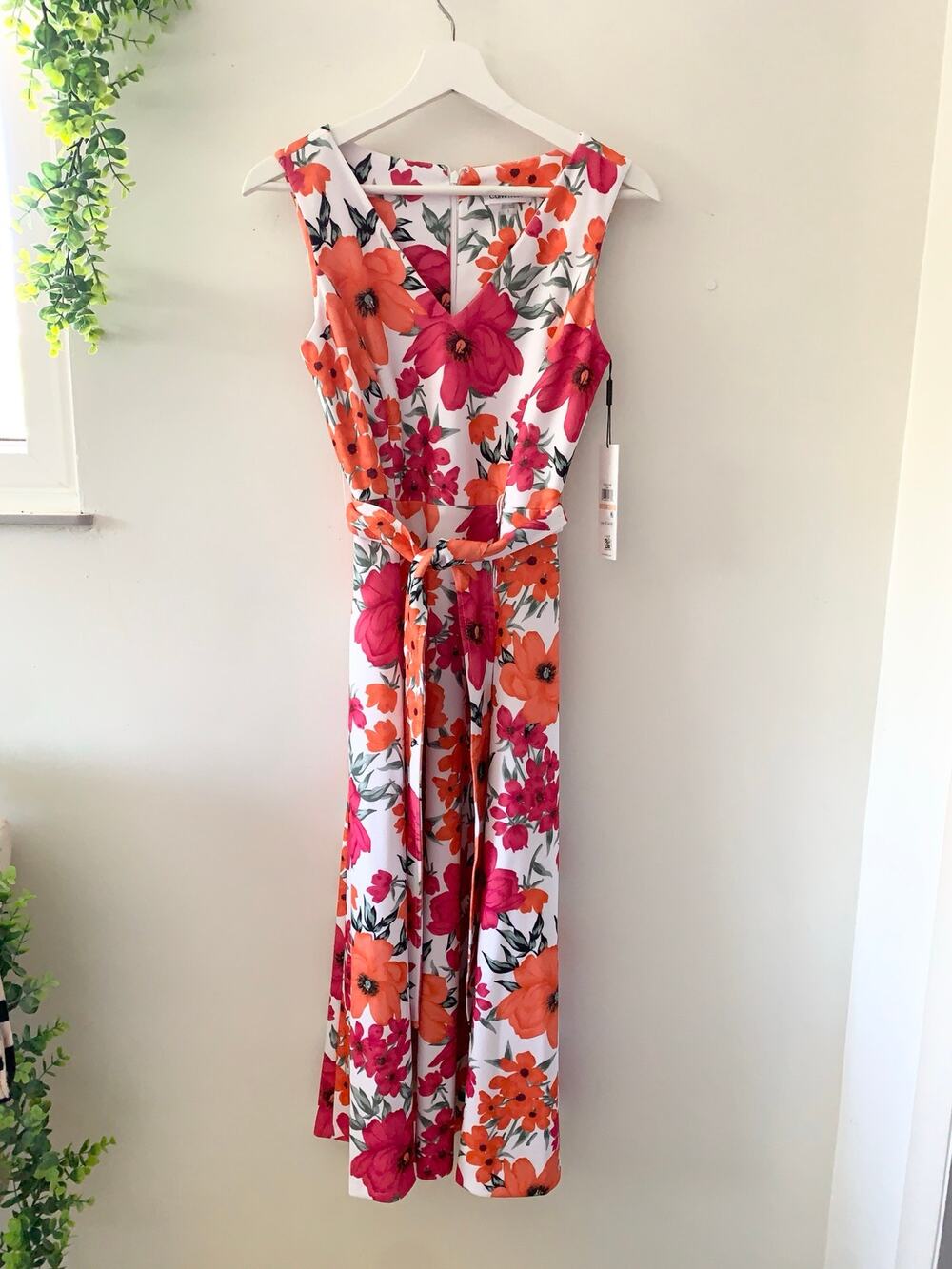 Calvin Klein White Floral Print Sleeveless Midi Dress Belted Waist